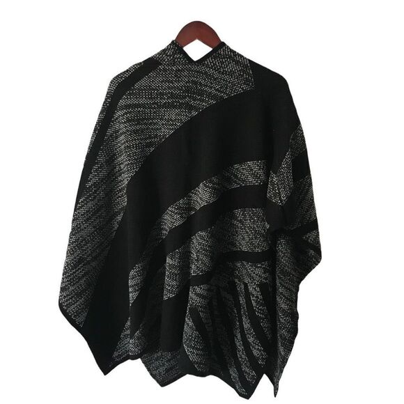 Open Front Knit Black Grey Gray Poncho Cardigan Sweater One Size Boho Western - Picture 3 of 4
